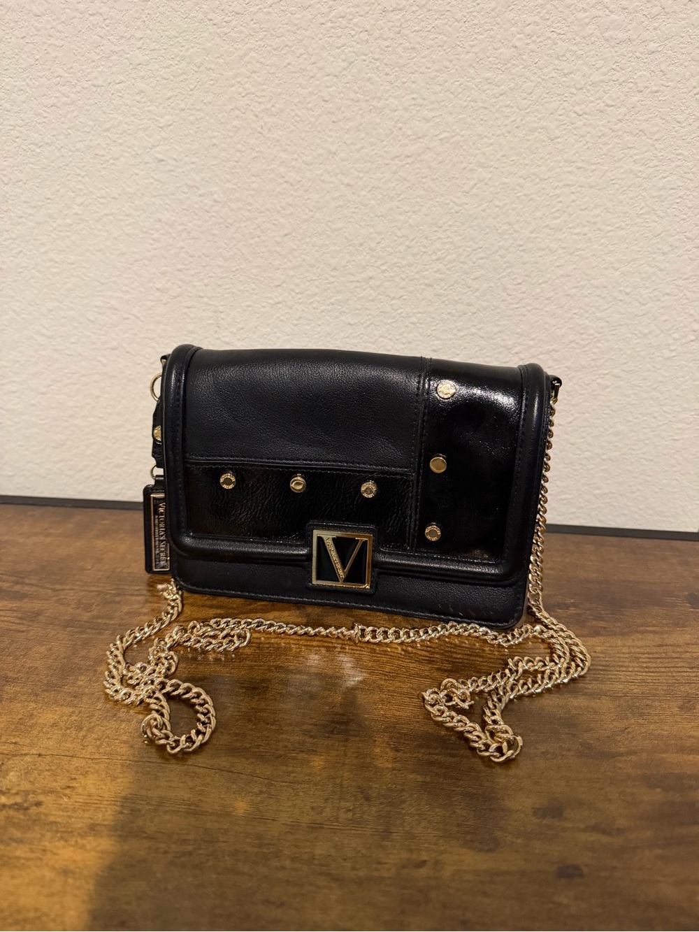 Victoria’s Secret Black Leather Chain Shoulder Bag with Gold Hardware